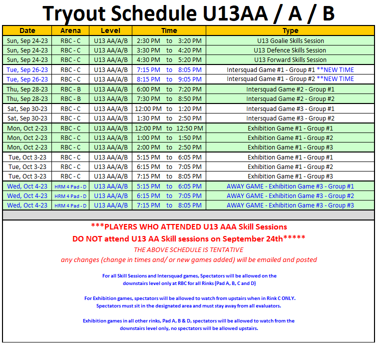 2023 2024 INFO Tryouts U13 AA / A /B Dartmouth Minor Hockey